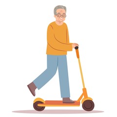 Senior man on electric scooter. Older man using electric city transport. Isolated on white background. E-scooter and kick-scooter for rent. Hand drawn flat vector illustration