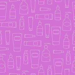 Line art doodle bottles and tubes on purple background. Cosmetic products seamless pattern. Skincare products. Vector illustration