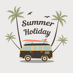 Surf van with surf boards on the roof, palm trees. The inscription Summer holidays. Retro hand-drawn vector. For prints on T-shirts, posters and other purposes.