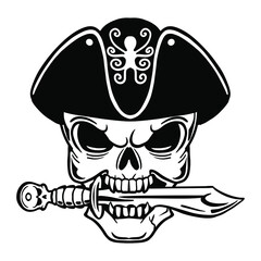 Skull  pirate with a saber in his teeth concepts with skulls. Vector illustraiton.Skull pirate svg cut. Skull of a pirate with a saber in his teeth.Pirate skull emblem illustration with saber. Pirate 