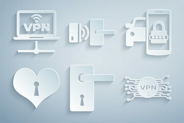 Set Door handle, Smart car security system, Heart with keyhole, VPN microchip circuit, Digital door lock wireless and Computer network icon. Vector