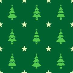 Christmas seamless pattern. Green colored christmas tree icons and stars on dark green background. Christmas texture