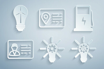 Set Light bulb with gear, Electric car charging station, Identification badge, Address book and wind turbine icon. Vector