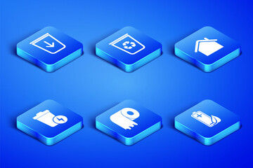 Set Eco nature leaf and battery, Send to the trash, Toilet paper roll, Lightning with can, Recycle bin recycle and House icon. Vector