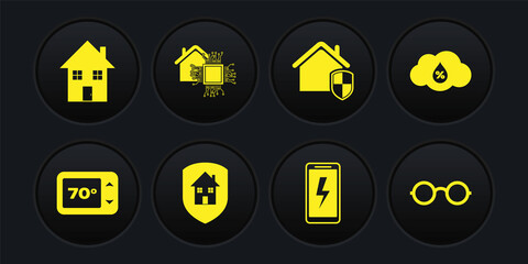 Set Thermostat, Humidity, House under protection, Mobile charging battery, Smart home, Glasses and icon. Vector