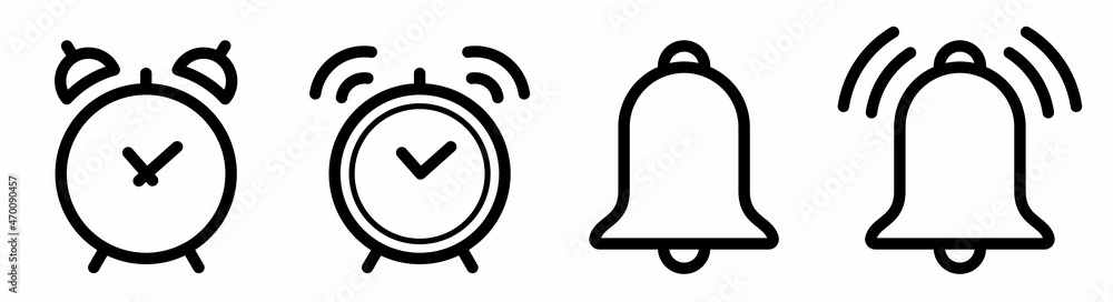 Poster set alarm clock and bell icon. bell icon isolated. line style clock alarm. vector ringing bell and n