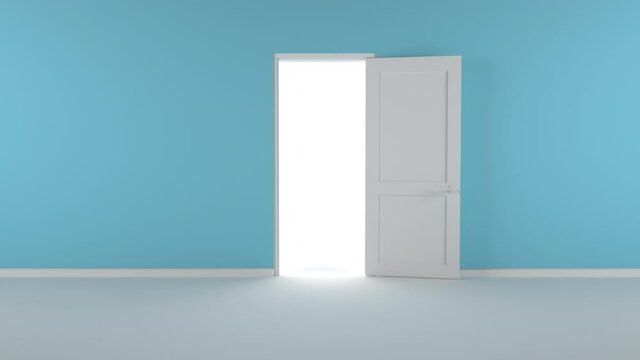 The door opens and a bright light floods the blue room. It can be used as a concept of new innovations, future and hope, a new beginning or victory in the struggle for freedom. Static camera.