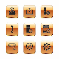 Set Toaster service, Gamepad, Location, Refrigerator, Wrench, USB flash drive, and screwdriver in gear and Laptop icon. Vector