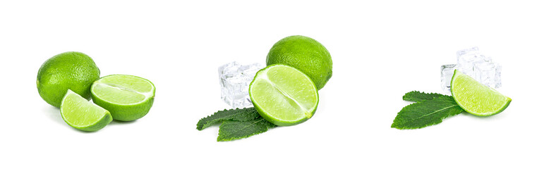 Fresh green juicy limes, lime slices, ice and mint leaves set isolated on white background.