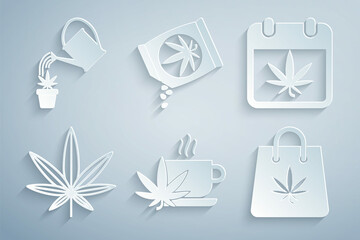 Set Cup tea with marijuana, Calendar and, Marijuana or cannabis leaf, Shopping bag of, seeds and Watering icon. Vector