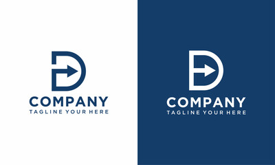 Letter D logo with negative space arrow logo for transportation, shipping company etc.on a blue dark and white background.
