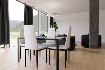 modern dining room with with large panoramic windows and white chairs

