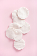zero waste eco friendly hygiene bathroom concept. reusable cotton pads in bag, makeup removal