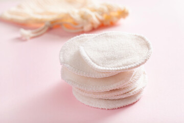 zero waste eco friendly hygiene bathroom concept. reusable cotton pads in bag, makeup removal