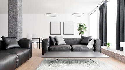 modern interior with a beautiful leather sofa in the foreground in a bright room and two frames on the wall

