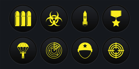 Set Parachute, Military reward medal, Radar with targets, helmet, Nuclear rocket, Biohazard symbol, Target sport and Bullet icon. Vector
