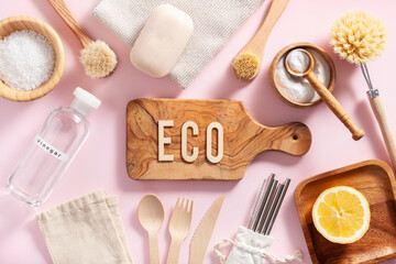 Fototapeta na wymiar zero waste eco friendly cleaning concept. wooden brushes, lemon, baking soda, vinegar