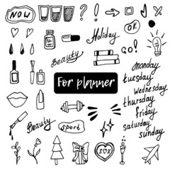 A set of items can be used for stickers for planning.The group of objects includes: check mark, dot, exclamation mark, question mark, days of the week