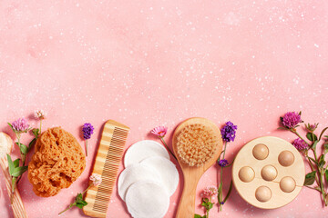 zero waste eco friendly bath and body care products and wild flowers. natural cosmetics for home spa treatment