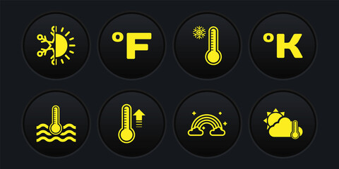 Set Water thermometer, Kelvin, Meteorology, Rainbow with clouds, Fahrenheit, Thermometer and cloud, sun and Sun snowflake icon. Vector