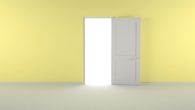 The door opens and a bright light floods the yellow room. It can be used as a concept of new innovations, future and hope, a new beginning or victory in the struggle for freedom. Static camera.