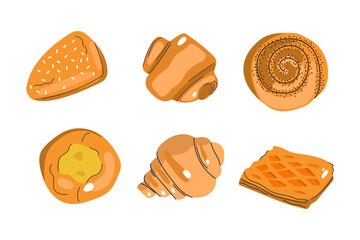 Hand drawn set of Bakery products. Flat illustration of buns, pastry for web and print design.