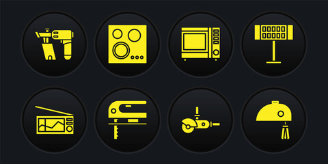 Set Radio, Electric heater, jigsaw, Angle grinder, Microwave oven and Gas stove icon. Vector