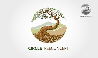 Circle Tree Concept Vector Logo Template. Tree and mountain vector design elements original, that were created to highlight the growth, travel, spirit, mountain and lifestyle. 