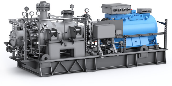 Large industrial water pump. Heavy machinery. High pressure. Electric motor and centrifugal pump. 3d render