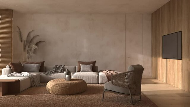 Scandinavian style interior apartment. Living room design with boho natural wooden furniture. 3d render animation scene.