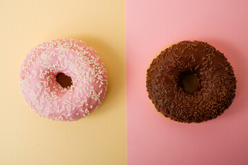 Food. Dessert. Dessert colorful snack. Delicious donut with sprinkles. Bakery cake. Sweet food...