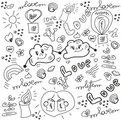 Doodles cute elements. Black vector items. Illustration with hearts and flowers, animals and tea, cloud and stars. Design for prints, cards and coloring page. Valentine's day theme poster.