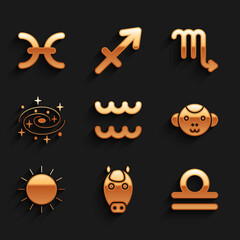 Fototapeta premium Set Aquarius zodiac, Horse, Libra, Monkey, Sun, Milky way spiral galaxy, Scorpio and Pisces icon. Vector
