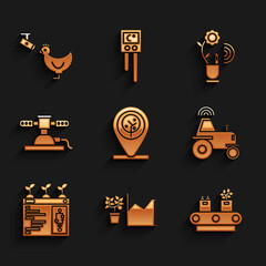 Set Location and tree, Flower statistics, Conveyor belt with box, Wireless tractor smart farm, Smart farming technology, Automatic irrigation sprinklers, and Chicken camera icon. Vector