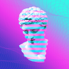 Modern conceptual art poster with blue pink colorful ancient statue. Contemporary art collage. Concept of retro wave style posters. glitch effects. 