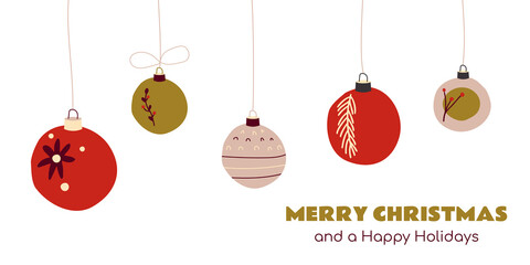 Merry Christmas greeting banner with cute hand drawn hanging balls.