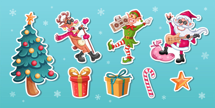 Christmas stickers. Cartoon christmas characters and decorations. Vector. Christmas tree. Cool Santa Claus with electric guitar. Singing cool reindeer with microphone. Dancing elf with audio recorder.