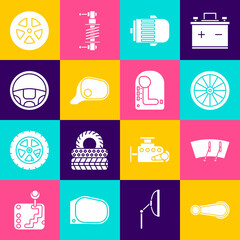 Set Car door handle, Windscreen wiper, wheel, Electric engine, mirror, Steering, and Gear shifter icon. Vector