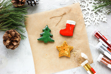 sprinkling with multi-colored glitter stars, Christmas trees, Christmas socks, DIY toys for the New...