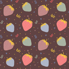 Strawberry seamless pattern isolated on purple background. Repeat cute scandi fruits texture for wallpaper, textile, fabric, kids apparel etc. Vector minimalist illustration