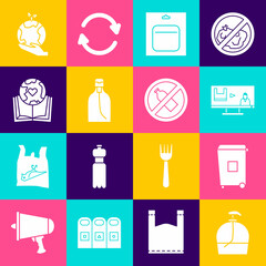 Set Bottle of liquid soap, Trash can, Stop plastic pollution, Battery in pack, Earth globe and book, Hand holding and No bottle icon. Vector