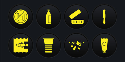 Set Stop ocean plastic pollution, Disposable knife, Paper glass, Problem of planet, Lunch box, Lotion cosmetic tube, Cream and Say no bags poster icon. Vector