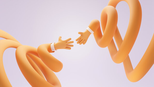 Two long cartoon hands in funny swirl reaching to each other, 3d render. Greeting gesture or business handshake, teamwork together. Flexible orange arms on purple background, concept partnership