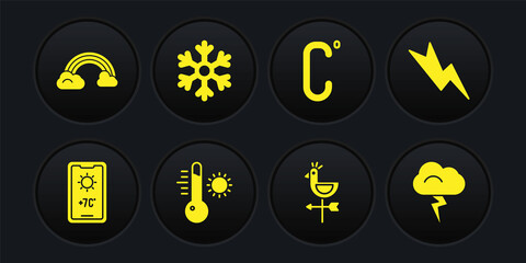 Set Weather forecast, Lightning bolt, Meteorology thermometer, Rooster weather vane, Celsius, Snowflake, Storm and Rainbow with clouds icon. Vector
