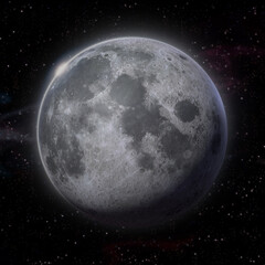 Realistic image of the moon with great detail. Detailed view of the craters on the moon and the milky way behind. 3d rendering