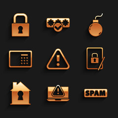 Set Exclamation mark in triangle, Laptop with exclamation, Spam, Tablet closed padlock, House under protection, Safe, Bomb ready explode and Lock icon. Vector