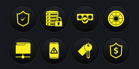 Set FTP folder, Safe, Mobile with exclamation mark, Marked key, Password protection, Server security lock, Shield dollar and check icon. Vector