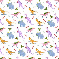 Christmas seamless pattern. Cute hand drawn dinosaurs. Design for fabric, textile, packaging, wrapping paper.	