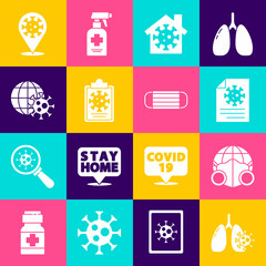 Set Virus cells in lung, Earth with medical mask, Clipboard blood test results, Stay home, globe virus, Corona 2019-nCoV on location and Medical protective icon. Vector