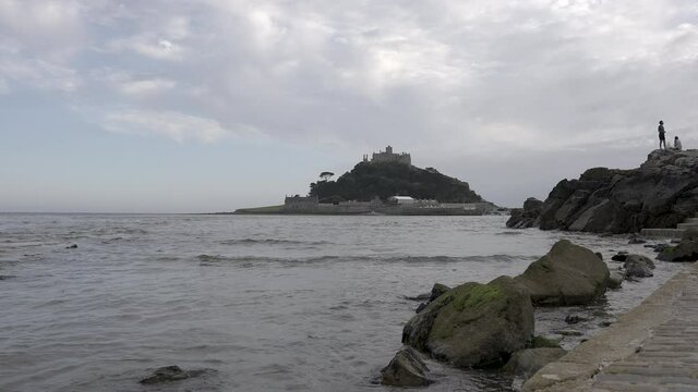 St Michael's Mount in Cornwall near Penzance Low Shot from Coast - Slow Motion